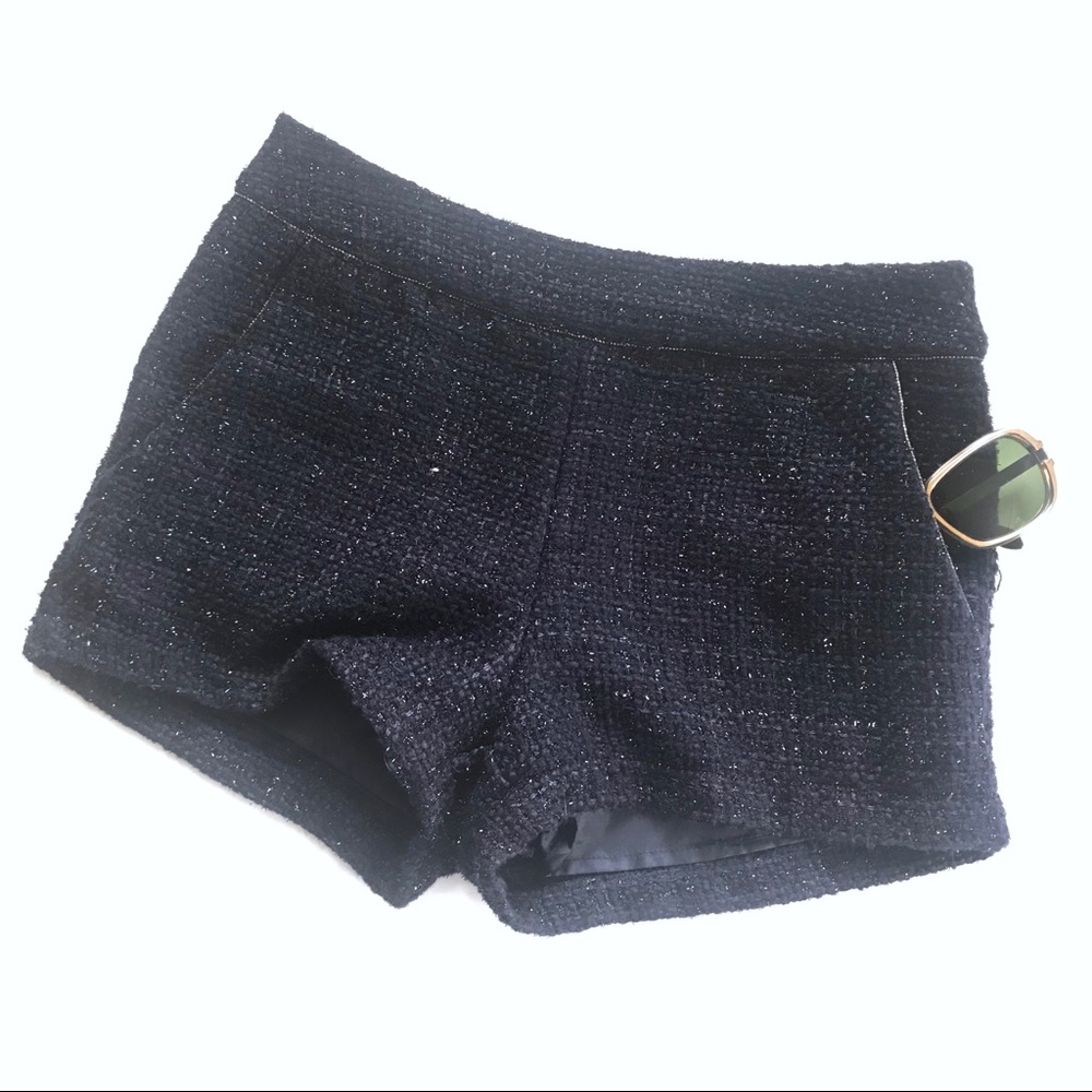 Black Navy Shorts Woven Metallic Plaid Boucle Knit